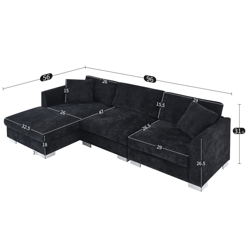 Ensemble de canapé modulaire en forme de L de 96 pouces avec canapé de luxe en forme de L avec 2 coussins gratuits et mobilier en chenille 4 places avec méridienne surdimensionnée