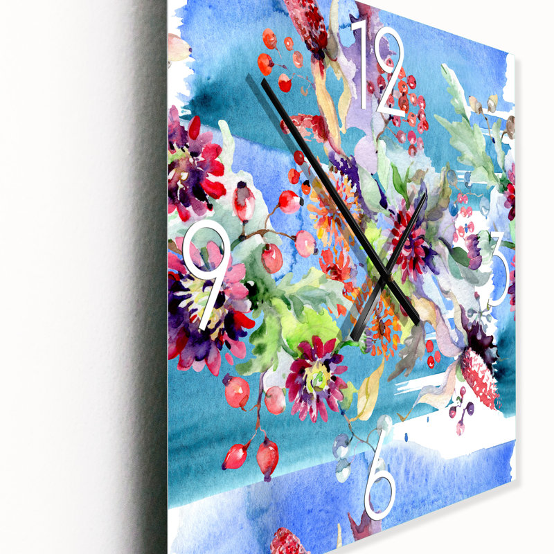 Horloge murale moderne Vibrant Wild Spring Leaves and Wildflowers, Très grand