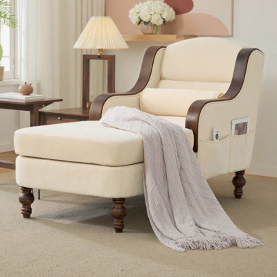 Oversized Chaise Lounge Chair Wide Seat Chenille Single Sofa Bed with Storage Pockets, 800lb Capacity Sleeper Armchair for Living Room & Bedroom