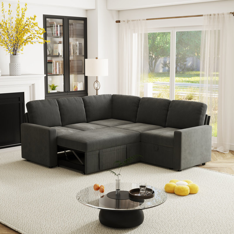 81-Inch Corduroy Sectional Sofa Bed (With Pull-Out Bed), U-Shaped 5-Seater Modular Sofa (With Storage), Gray Corduroy