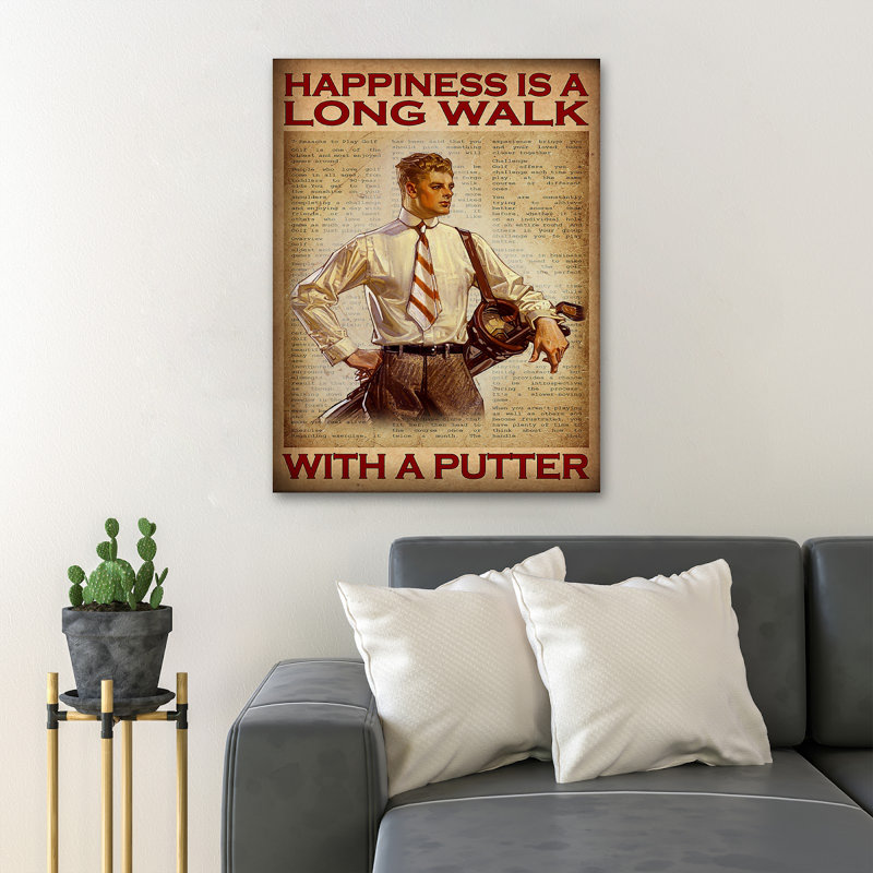 «Golf Man with Putters - Happiness Is A Long Walk», toile tendue avec châssis - Sports Illustration Decor, décor de salon brun