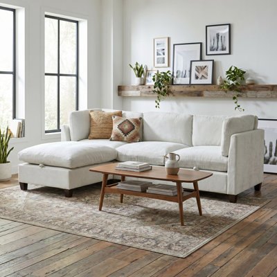 96.5" Sectional Sofa for Living Room with Under-seat Storage, Upholstered Soft Chenille Fabric Couch, 3-Seater with One Ottoman L Shape Sofa