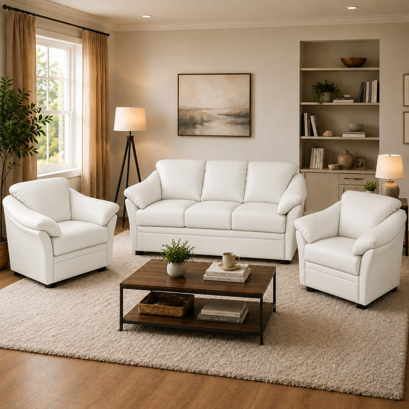 Ensemble de canapé en cuir fleur et 2 chaises Ramdev, White Genuine Leather
