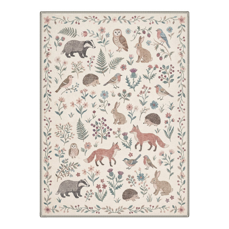  Allegro Rustic Woodland Creatures Machine Washable Oatmeal Beige Indoor Area Rug With Non-Slip Backing, Rectangle 6' x 9'