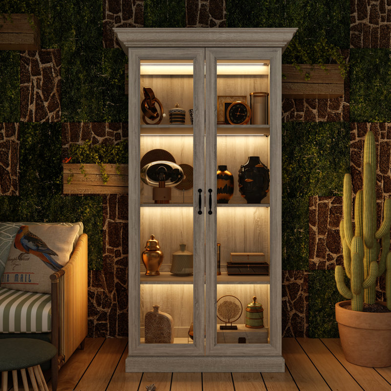 69.3'' H Grey Oak Glass Door Display Cabinet With Warm White LED Lighting