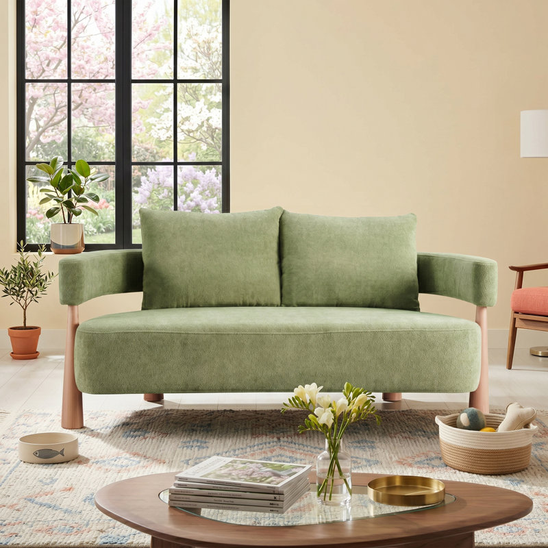 Causeuse moderne arrondie, tissu texturé vert, Vert
