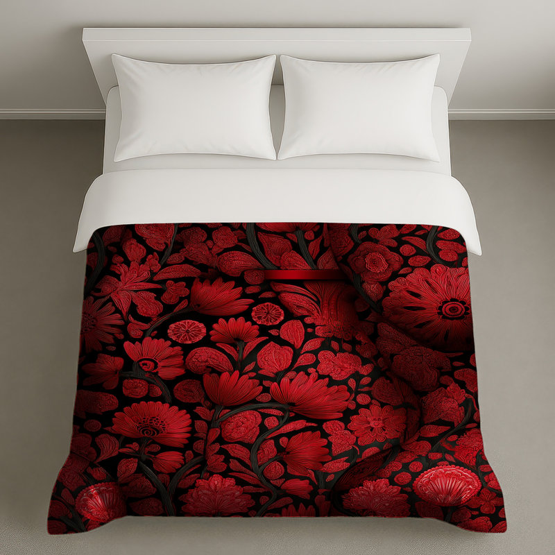 Housse de couette à motif floral fleurs rouges, Grand lit