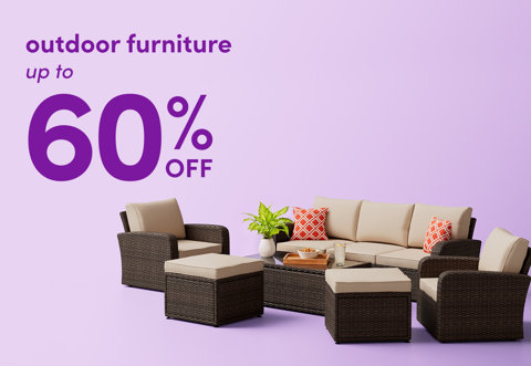 Outdoor furniture on sale for up to 60 percent off, featuring a wicker patio set with a sofa, two chairs, and two ottomans against a light purple background.