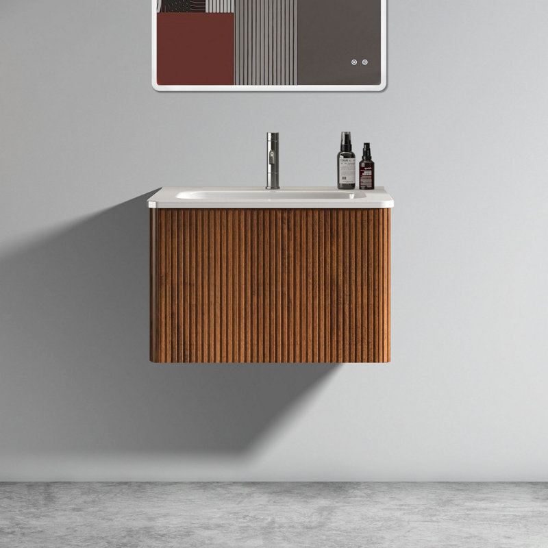 Meuble-lavabo rayé en noyer rayé 24 po avec lavabo en céramique blanche Etna, pré-assemblé