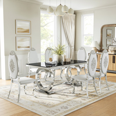 Modern Glass Dining Table Set With Tempered Glass Top, Stainless Steel G-Shaped Base, And High-Back Flower-Pattern PU Leather Chairs