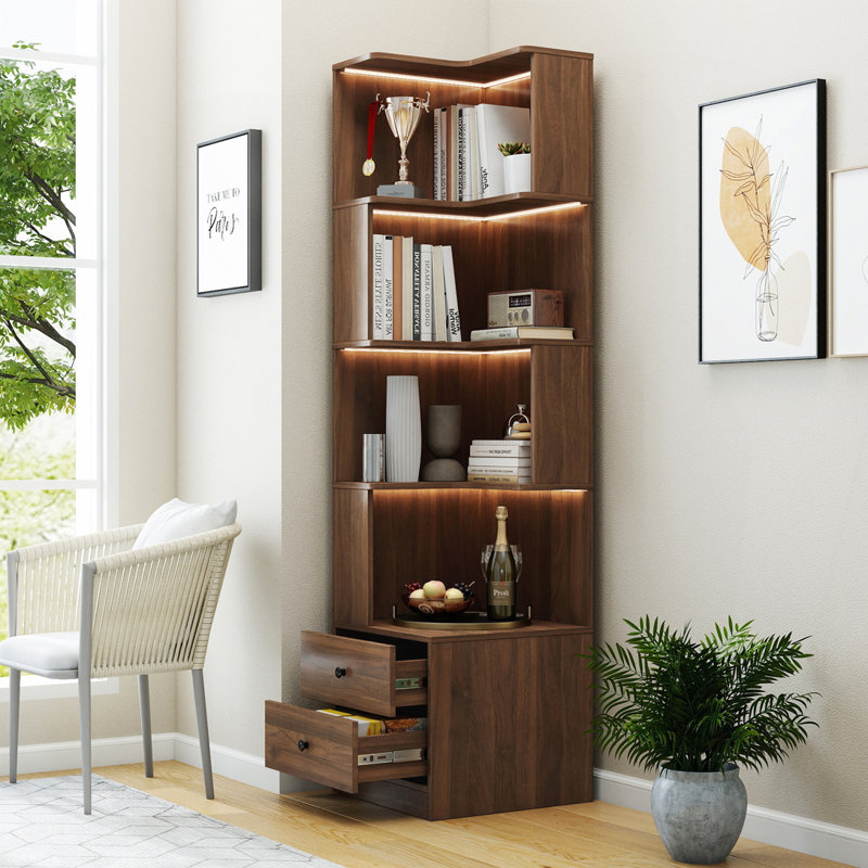 Bibliothèque d'angle avec tiroirs et lumières DEL, Walnut