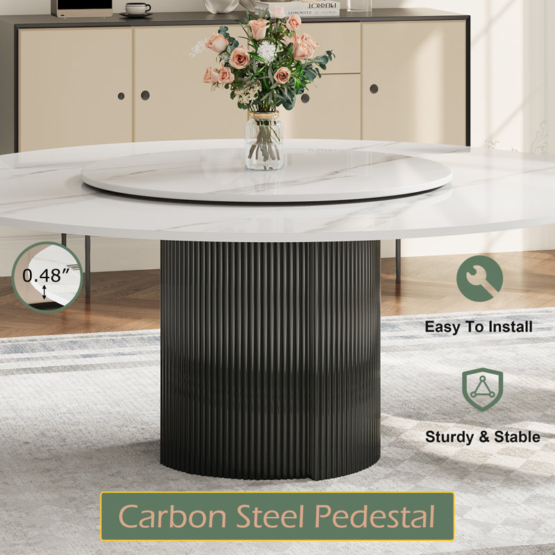 Round 59.06'' Modern Round Dining Table with Lazy Susan, White Glossy Sintered Stone Tabletop for 6-8