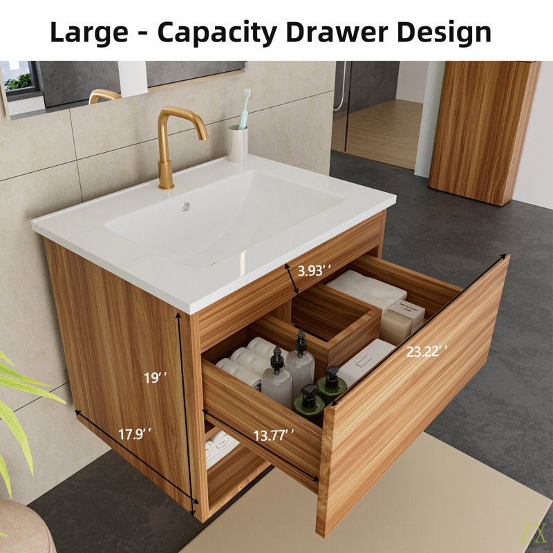 Meuble-lavabo 24 po avec lavabo en céramique - Meuble-lavabo mural flottant cannelé avec tiroirs, moderne, 23"