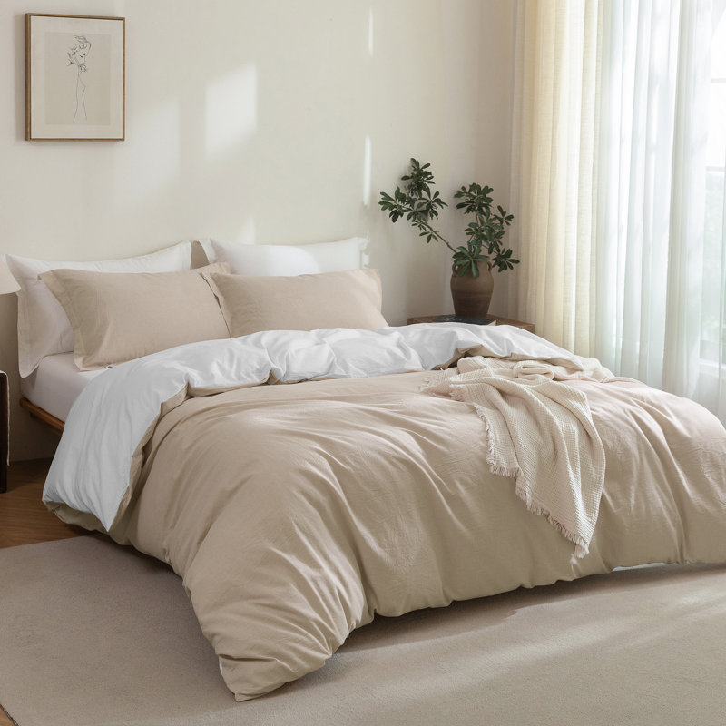 Solayne 100% Washed Cotton Duvet Cover Set with Faux Hemp Texture, Solid Color, Zipper Closure and Corner Ties, Apricot