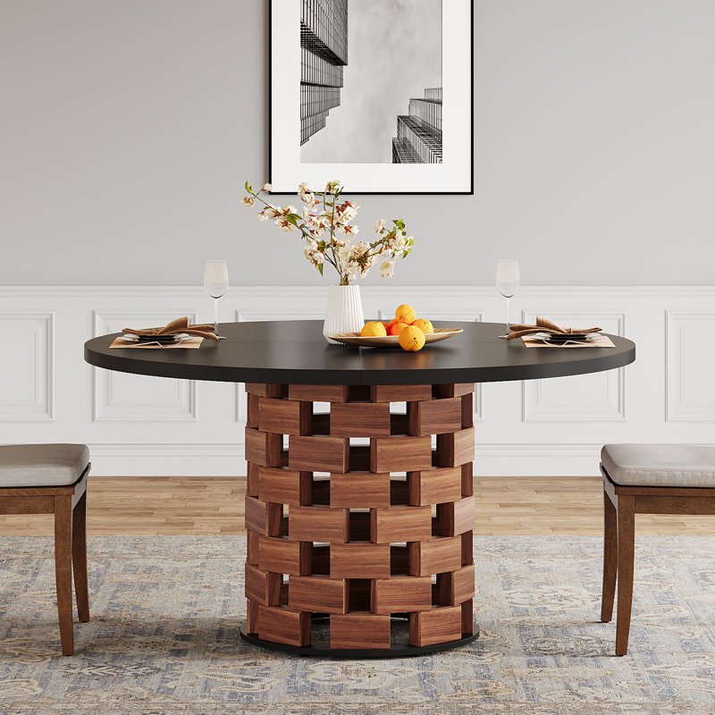 47-Inch Round Farmhouse Circle Kitchen Dining Room Table for 4-6 People Wood Rectangular Block Base