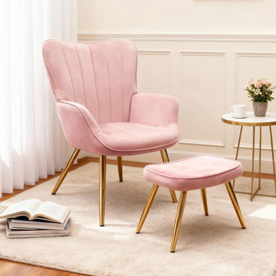 Velvet With Footstool Armchair