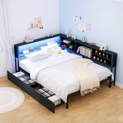 Full Corner Daybed With Storage Bookcase, Drawers, LED Lights & Charging Station For Kids Bedroom