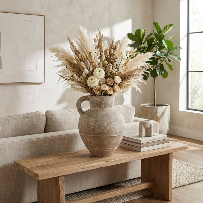 Vase de table rustique en terre cuite - Grand vase sculptural pour la décoration intérieure, idéal pour le salon, la chambre à coucher et l'entrée