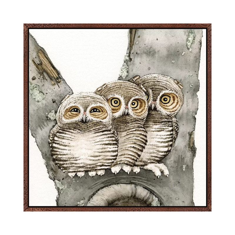 Three Owls by Tracy Lizotte - Painting on Canvas, 66.04cm H x 66.04cm W x 3.81cm D, Classic Brown Wood Framed