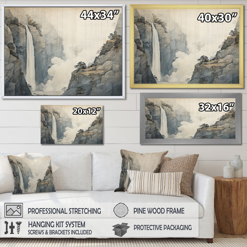 «Beige et gris Simple Cliff Waterfall I», reproduction sur toile, Cadre simple argenté, H 16 po x l 32 po x P 1 po