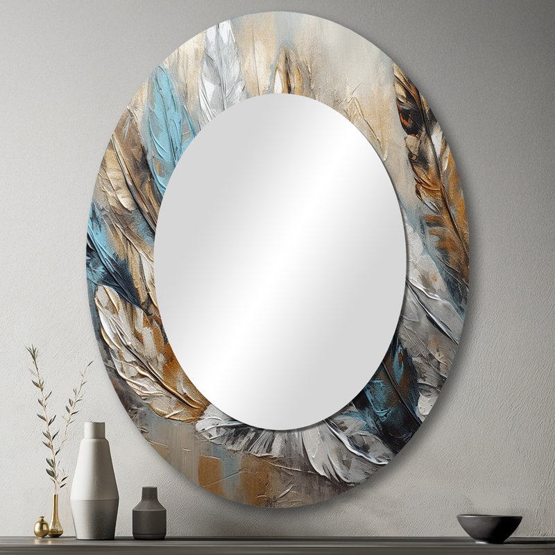 Gold Feather Extravaganza II - Blue Oval Wall Mirror Decor, 43" x 33"