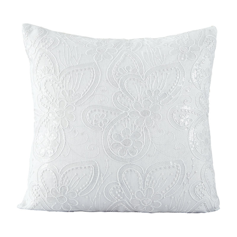 Housse de coussin décoratif en lin violet avec motif floral papillon Bally, Blanc