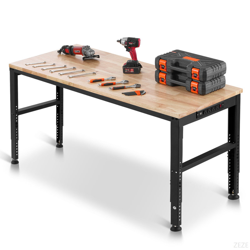 Établi réglable en hauteur, table de garage de 61 po x 20 po avec des hauteurs de 27,1 à 36 po et une capacité de charge de 2 000 lb, avec prises de courant, plateau en bois franc, structure en métal et patins, pour les bureaux d'atelier