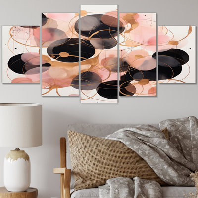 Rêves de cœur aquarelle rétro or rose - art mural moderne sur toile géométrique - 5 panneaux