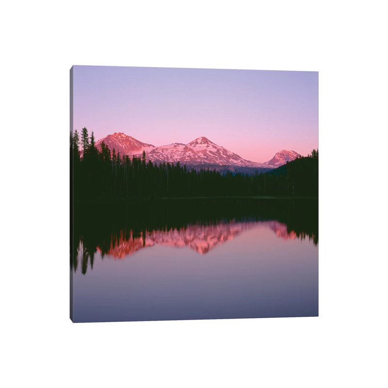 Or, Willamette Nf. Sunset Reddens The Three Sisters Which Reflect In Scott Lake. by John Barger - Wrapped Canvas Print