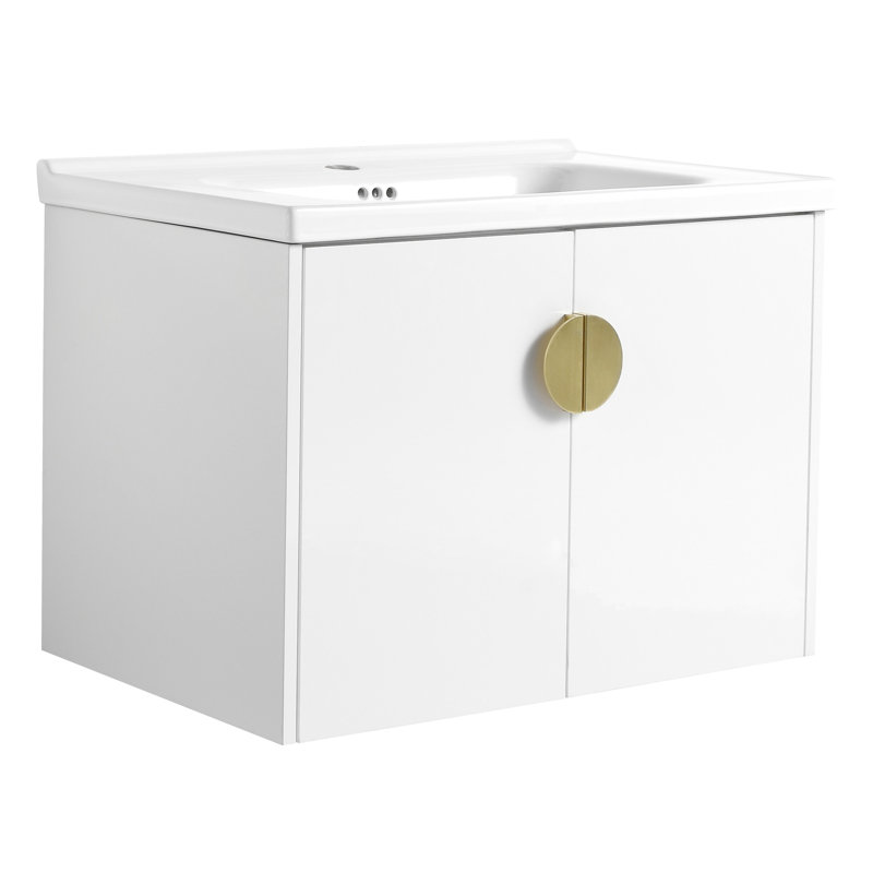 Meuble-lavabo de 28 po avec lavabo. Armoire murale blanche à 2 portes pour petites salles de bain. Fournit un lavabo en céramique et des poignées en métal. (Meuble-lavabo. Caractéristiques lustrées