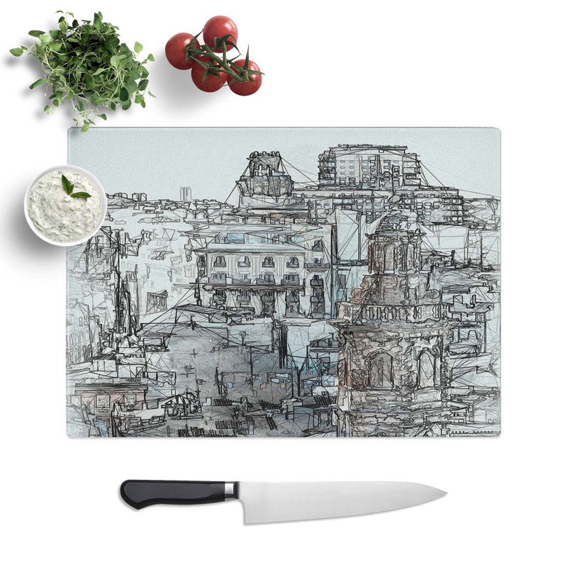 Tempered Glass Valencia Skyline in Spain in Abstract Chopping Board, 39 cm W x 28.5 cm L