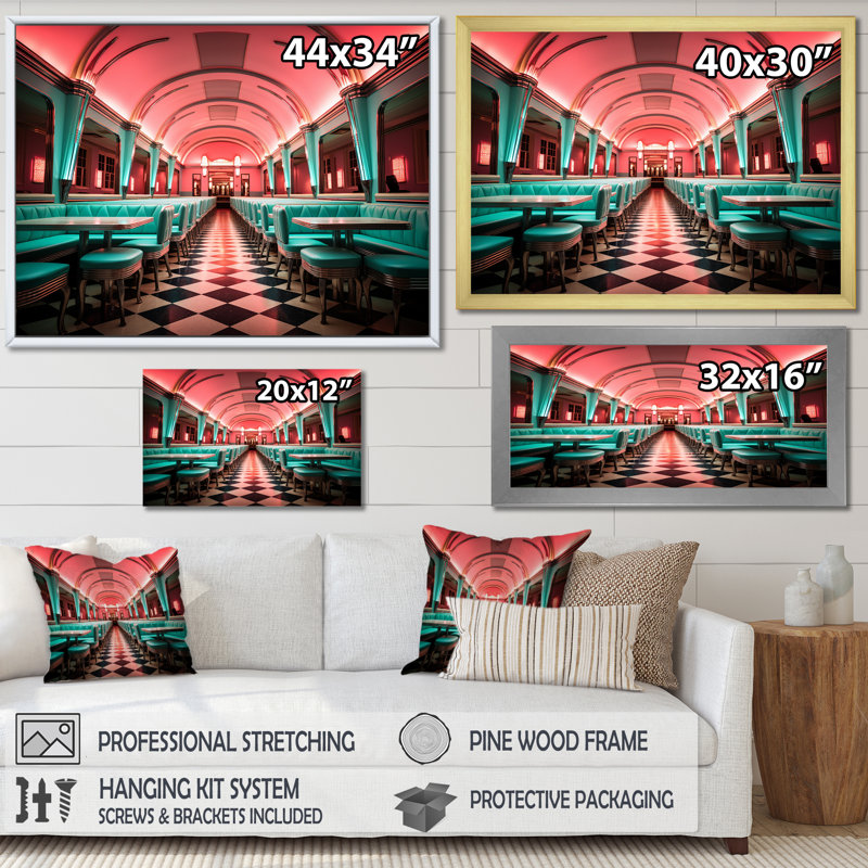 «Pink Nostalgic Tunes Fast Food 1960S Diner - Jukeboxes», art mural, Cadre flottant doré, H 24 po x l 32 po x P 1 po