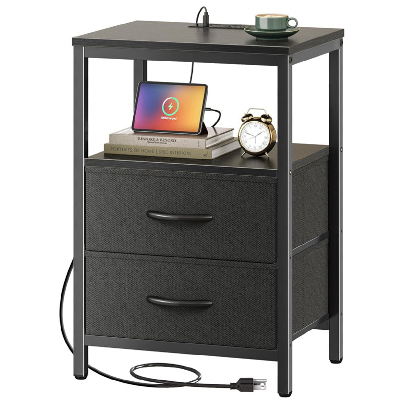 Nightstand With Charging Station, Side Table With Fabric Drawers, End Table With Open Shelf, Bedside Table With USB Ports And Outlets, Night Stand For Bedroom, Black