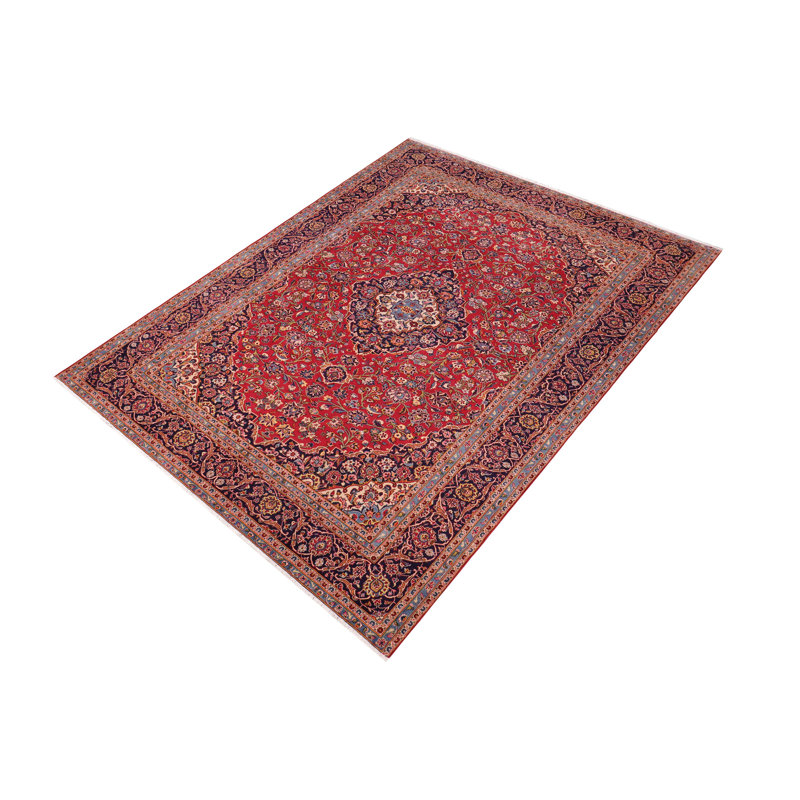 Tapis rouge en laine noué à la main vintage rétro Kashan Wong - 9 pi 11 po x 13 pi 0 po