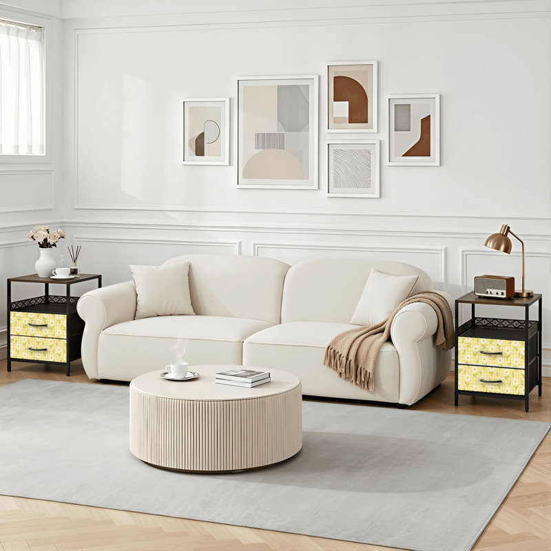 Table de chevet 2 tiroirs avec station de charge, table de chevet de chambre à coucher avec ports USB, tablette ouverte noire, table de chevet avec marguerite blanche, imprimé floral de jais de printemps, motif floral