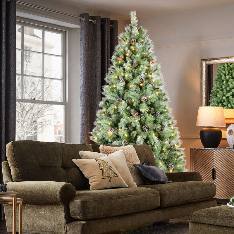 Arbre de Noël 7 pi avec 400 lumières DEL, 1348 pointes en PVC et aiguille dure, 82 pommes de pin, conception à branches articulées, support en métal robuste