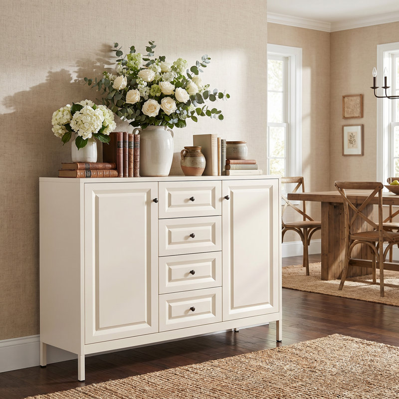 Buffet 40 po avec 4 tiroirs et 2 portes en métal blanc moderne