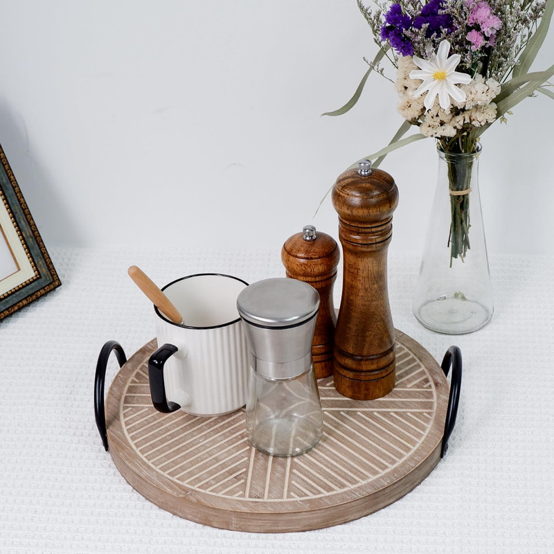 Plateau de service décoratif rond avec poignées en métal (brun clair)