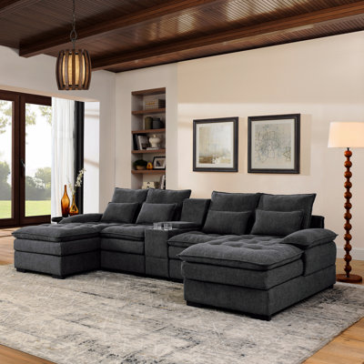 130" U-Shaped Sofa With Console,Cupholders,6-Seat Upholstered Primary Living Space Furniture,Sleeper Couch Set With Chaise by Latitude Run