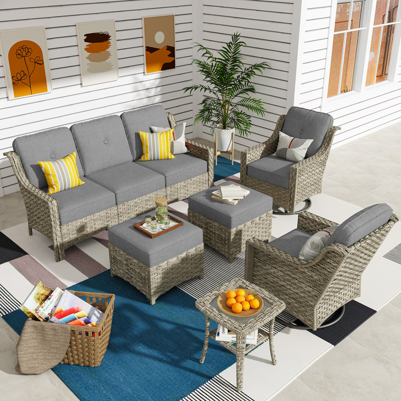 5 - Person Outdoor Conversation Set, Wicker Patio Sofa & Swivel Chair Set with Cushions, Gray
