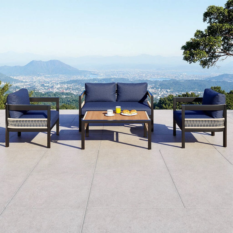 Multi-Person Iron Sofa Set with Rattan Accents — Waterproof, Rust-Proof & Flexible for Your Garden Retreat, Bleu