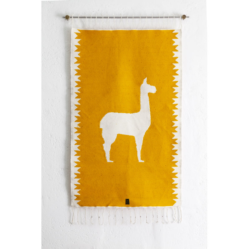 Llama Sheep Wool Handwoven Tapestry, Aged Bronze Wall Mount, Terracota, Yellow