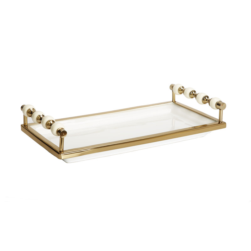 White and Gold Beaded Ceramic Serving Tray