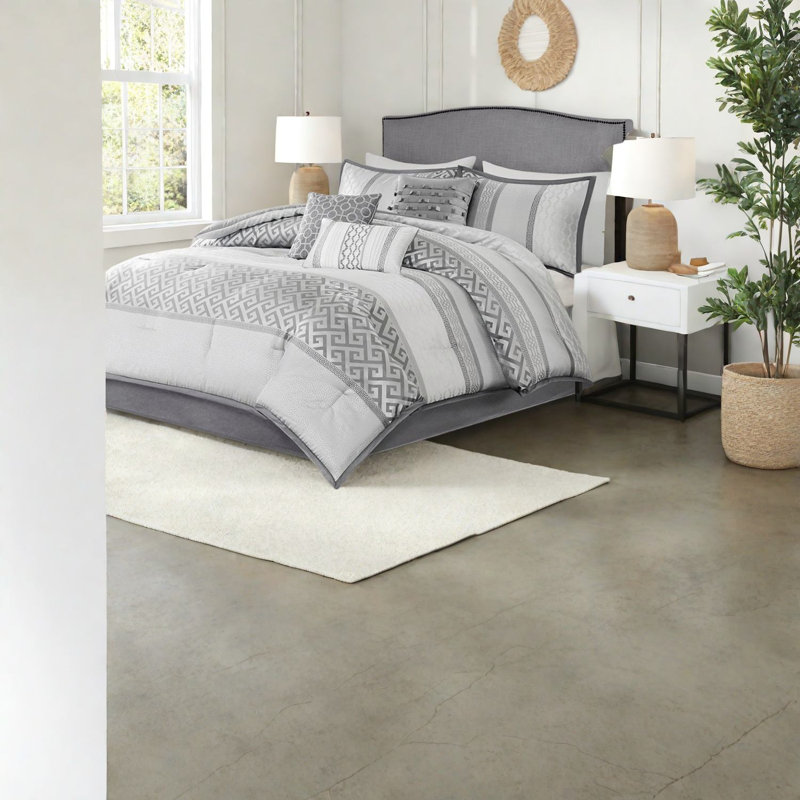 Ensemble de literie élégant 7 pièces gris, jacquard de polyester, chambre à coucher traditionnelle