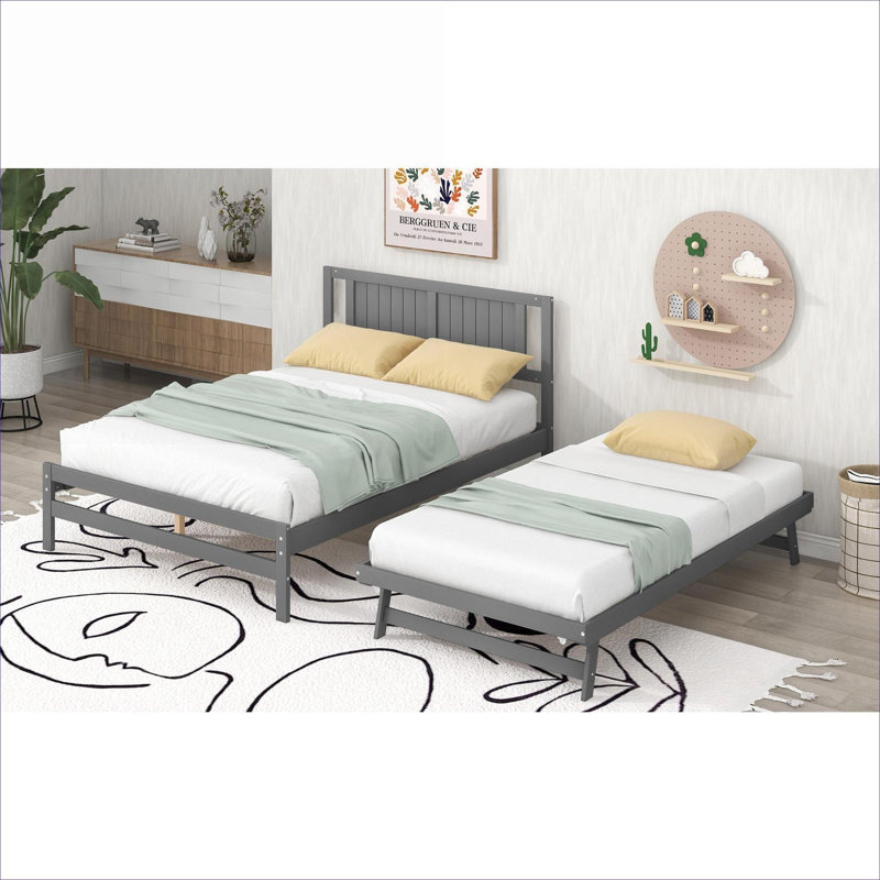 Flexible Full Size Solid Pine Platform Bed With Adjustable Trundle Gray-Toned For Extra Overnight Sleeping In Shared Bedrooms