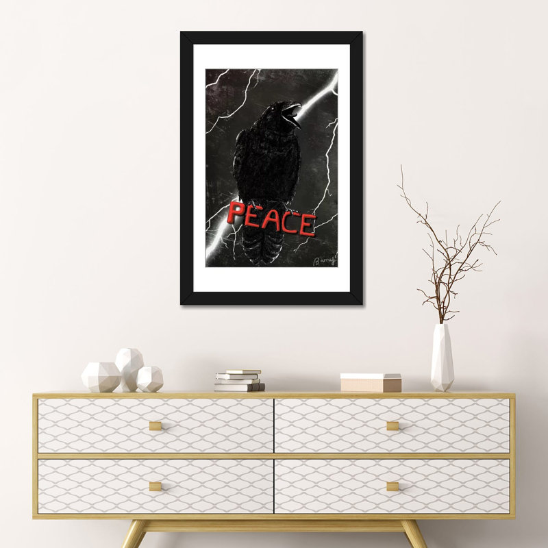 «Crow For Peace» par Barruf, impression sur toile tendue, H 24 po x l 16 po x P 1 po, Papier beaux-arts encadré noir, Blanc