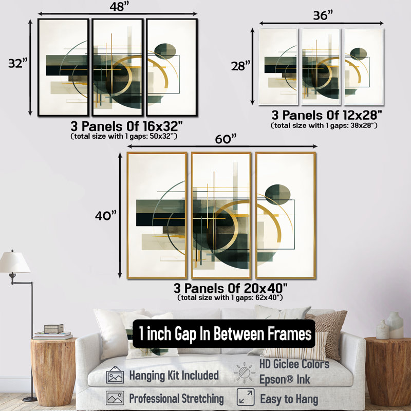 Ensemble de salon Emerald Gold Retro Geometrics - Minimalisme, Cadre flottant doré, 40" H x 60" W x 1" D
