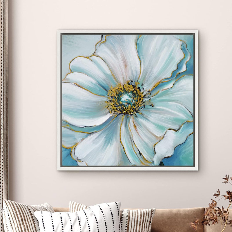 «Teal Flower Yellow Stigma Floral Botanical Plants Watercolor Modern Rustic Multicolor Pastel», reproduction d'art sur toile