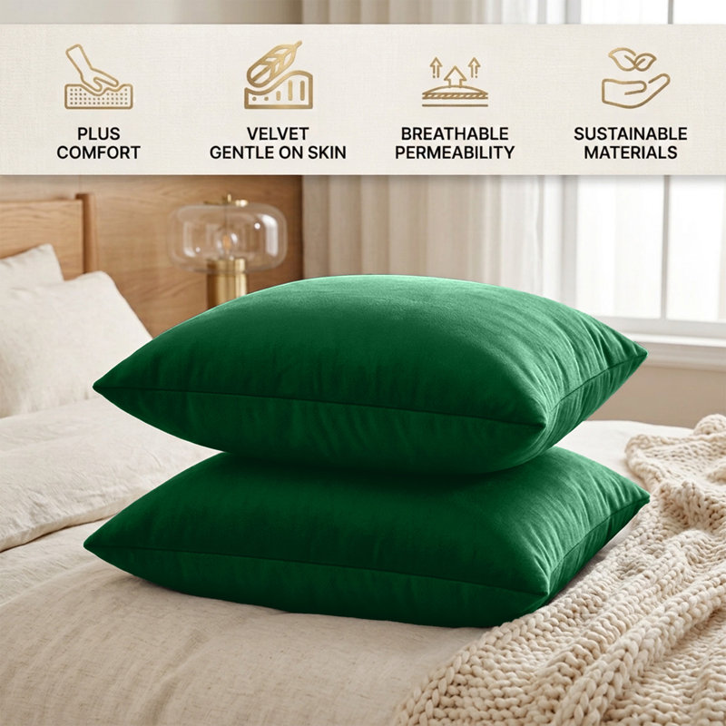 Luxurious Plain Velvet Cushion Covers (Set Of 2), Green Emerald