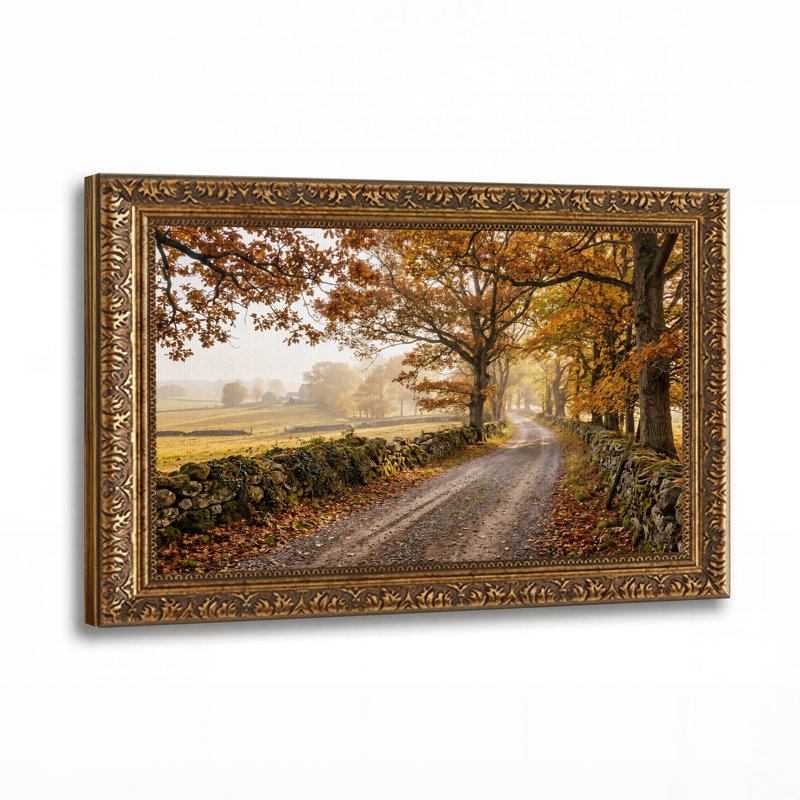 Tableau sur toile représentant une route de campagne d'automne avec des murs en pierre, H 16 po x l 24 po
